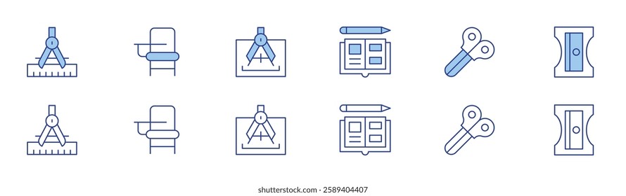 School icon set in two styles, Duotone and Thin Line style. Editable stroke. compass, scissors, school desk, sharpener, homework.