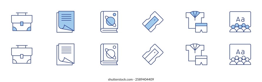 School icon set in two styles, Duotone and Thin Line style. Editable stroke. briefcase, astronomy, uniform, paper, pencil sharpener, class.