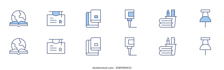 School icon set in two styles, Duotone and Thin Line style. Editable stroke. book, pencil case, college, glue, push pin.
