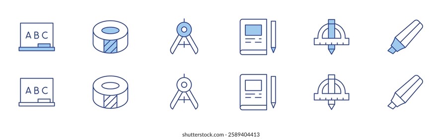 School icon set in two styles, Duotone and Thin Line style. Editable stroke. blackboard, compass, technical drawing, adhesive tape, book, highlighter.