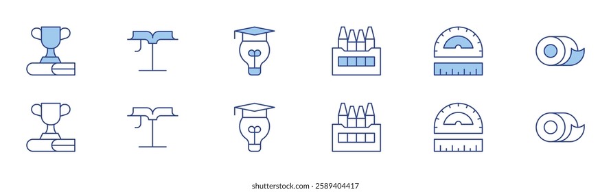 School icon set in two styles, Duotone and Thin Line style. Editable stroke. award, education, ruler, book, crayons, scotch.