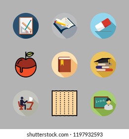 school icon set. vector set about notebook, studying, book and eraser icons set.
