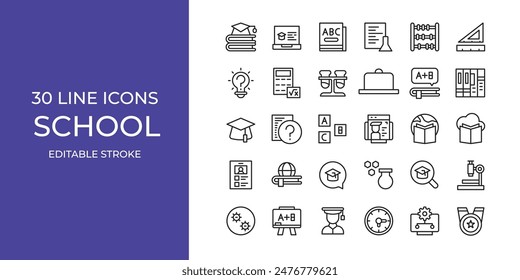 School icon set vector illustration editable stroke. books, whiteboard, science and more