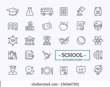 Iconos escolares. Símbolos de esquema de vector para Web.