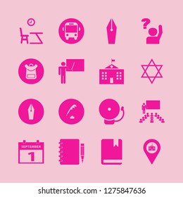 school icon set. school vector with university campus, school bell and star of david icons illustration