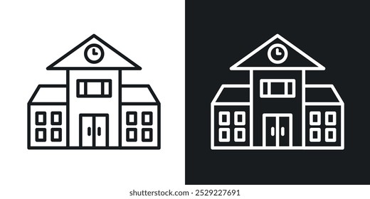 Ícone de escola na cor preta de linha fina. ilustração simples de símbolos vetoriais planos.