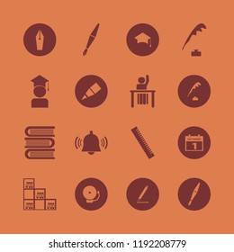 school icon. school vector icons set school bell, bookcase, fountain pen and ask pupil