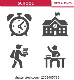 School Icons. Alarm Clock, School Building, Student, Classroom. Professional, pixel perfect vector icon set.