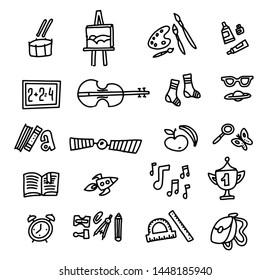 School Icons. Back To School. Hand Drawn Doodle Icon Set. Sketchy vector outline cartoon set of School objects and symbols. Freehand drawing school items.