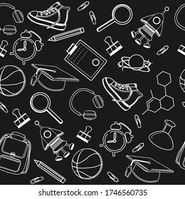 School icons, backpack, alarm clock, notebooks, ball, gym shoes, rocket on a black background seamless pattern. Time to study