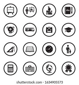 School Icons. Black Flat Design In Circle. Vector Illustration.