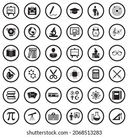 School Icons. Black Flat Design In Circle. Vector Illustration.