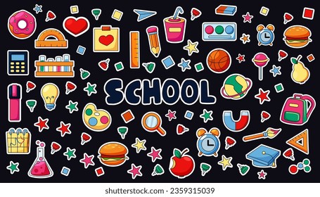 School icons. Children education. Book and stationery. Students learning. Graduation hat. Notebook and pencil. Chemistry lesson. Stars and note pins. Vector kids studying elements set