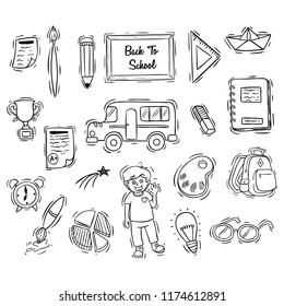 school icons collection with black and white doodle style