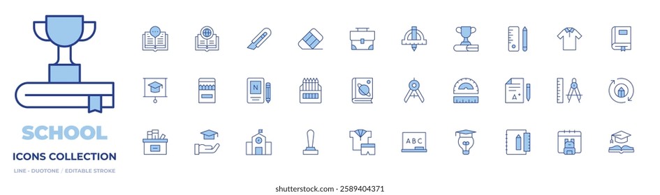 School icons collection. Line Duotone style, editable stroke. grade, school material, stationery, uniform, back to school, compass, education, textbook, award.