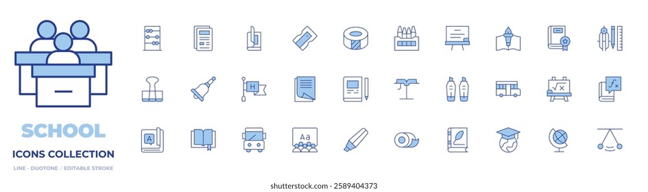 School icons collection. Line Duotone style, editable stroke. abacus, bell, binder, book, files, high school, magazine, paper, pencil sharpener, school bus, earth.