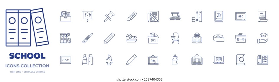 School icons collection. Thin Line icons, editable stroke. desk organizer, education, grade, astronomy, blackboard, briefcase, art and design, box, glue, pen.