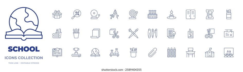 School icons collection. Thin Line icons, editable stroke. chemistry, crayons, magazine, scissors, stationery, compass, locker, school, bell, book, cardboard.