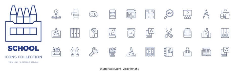 School icons collection. Thin Line icons, editable stroke. compass, lunchbox, lockers, scissors, students, locker, stationery, color pencil, kindergarten.