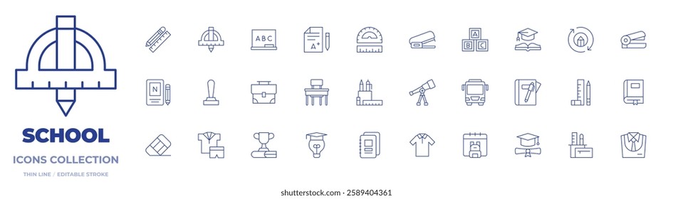 School icons collection. Thin Line icons, editable stroke. award, blackboard, briefcase, desk, education, grade, notebooks, pencil case, ruler, stapler, block.