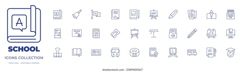 School icons collection. Thin Line icons, editable stroke. abacus, bell, binder, book, certificate, driving license, files, high school, paper, school bus.