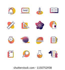 School icons colored set. Vector illustration of school supplies and stuff for education.