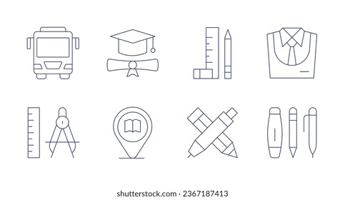 School icons. Editable stroke. Containing bus, compass, graduate, library, ruler, school supplies, stationery, uniform.