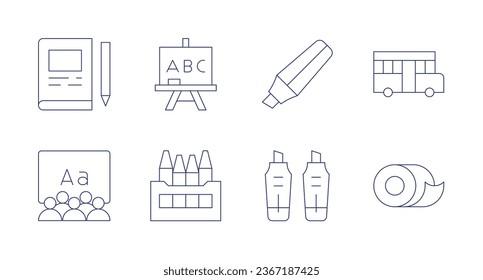 School icons. Editable stroke. Containing book, chalkboard, class, crayons, highlighter, marker, school bus, scotch.