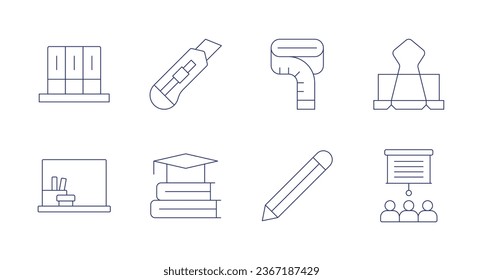 School icons. Editable stroke. Containing archive, blackboard, cutter, education, measuring tape, paperclip, pencil, presentation.