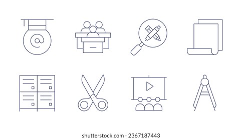 School icons. Editable stroke. Containing cardboard, compass, graduation, lockers, school, scissors, students, search.