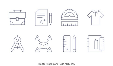 School icons. Editable stroke. Containing briefcase, compass, grade, learning, ruler, school material, stationery, uniform.