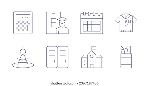 School icons. Editable stroke. Containing calculator, compass, graduation, locker, schedule, school, stationery, uniform.