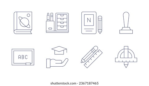 School icons. Editable stroke. Containing astronomy, blackboard, desk organizer, education, notebook, pencil and ruler, stamp, technical drawing.