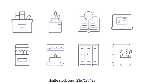 School icons. Editable stroke. Containing box, color pencil, glue, ink, read, school locker, stationery, video.