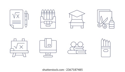 School icons. Editable stroke. Containing algebra, blackboard, crayons, driving school, ebook, glasses, paper crafts, pencilcase.