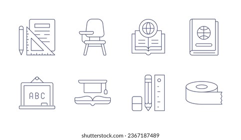 School icons. Editable stroke. Containing art and design, blackboard, desk chair, education, network, pencil and ruler, sport, tape.