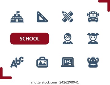 School Icons. Education, Student, Classroom, Knowledge Icon. Professional, pixel perfect vector icon set.