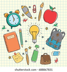 school icons or elements collection using coloring doodle art on paper background