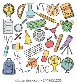 School icons. Hand drawn doodle school background. Education illustration