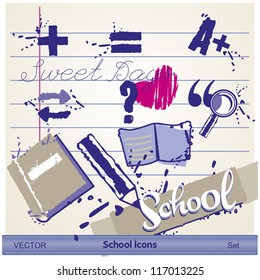 School Icons Hand-Drawn Vector Illustration Design Elements on Lined Sketchbook Paper Background