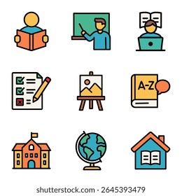School Icons Illustrate Learning Activities. Icon symbol illustration