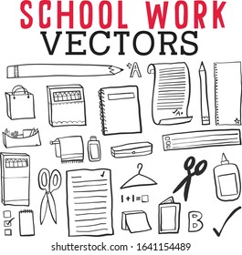 School icons including pencil, glue, sissors, papers, crayons, and grades vectors