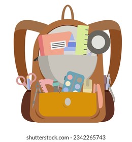 School icons. School items in a backpack. Everything you need for school. EPS 10.