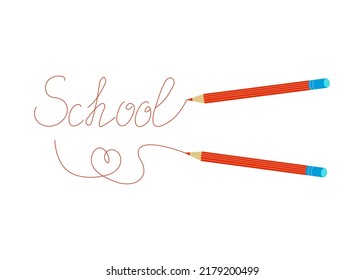 School icons, lettering. Pencils, lines with inscriptions. Hand-drawn text. Vector illustration, isolated background.