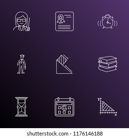 School icons line style set with alarm, female teacher, geometry and other clock elements. Isolated vector illustration school icons.