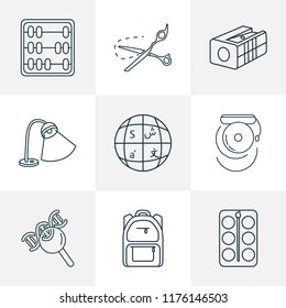 School icons line style set with school backpack, brush with palette, school bell and other sharpen elements. Isolated vector illustration school icons.
