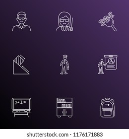 School icons line style set with physics, male teacher, school backpack and other schoolbag elements. Isolated vector illustration school icons.