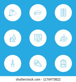 School icons line style set with art, school backpack, compass and other measurement elements. Isolated vector illustration school icons.
