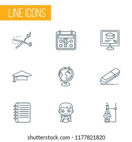 School icons line style set with school boy, globe, graduation cap and other shears elements. Isolated vector illustration school icons.