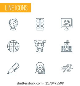 School icons line style set with online education, languages, high school and other international elements. Isolated vector illustration school icons.